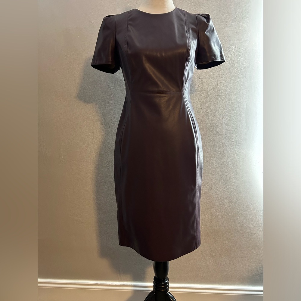 Calvin Klein Aubergine Faux Leather Short Sleeve Cocktail Dress